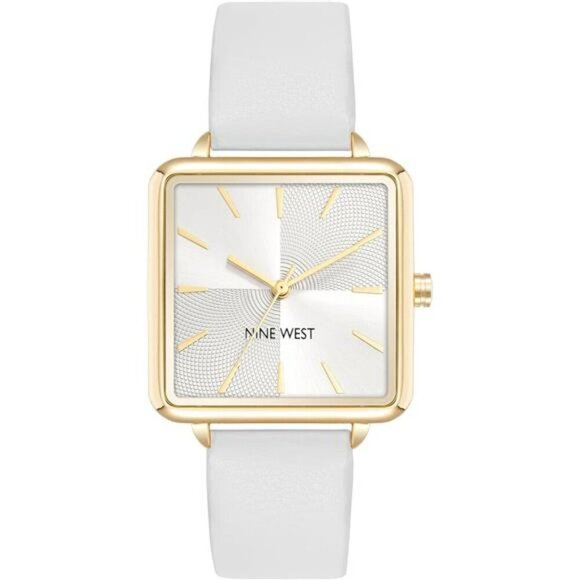 Nine West Womens Strap Watch Silver Dial Gold Markers White Faux Leather - Picture 1 of 5
